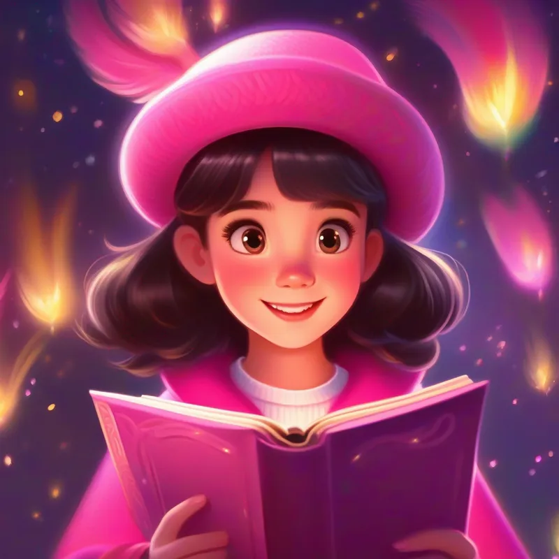 A young girl with sparkling eyes and a curious smile, always wearing a bright pink hat. opening the magical book, showing blank pages and a sparkling quill.