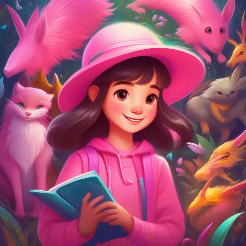 A young girl with sparkling eyes and a curious smile, always wearing a bright pink hat. surrounded by magical creatures, holding the quill and writing in the book.
