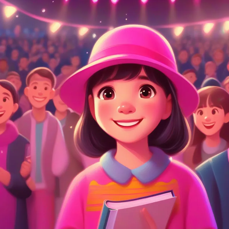 A young girl with sparkling eyes and a curious smile, always wearing a bright pink hat. standing on a stage, holding her book, surrounded by an applauding audience.