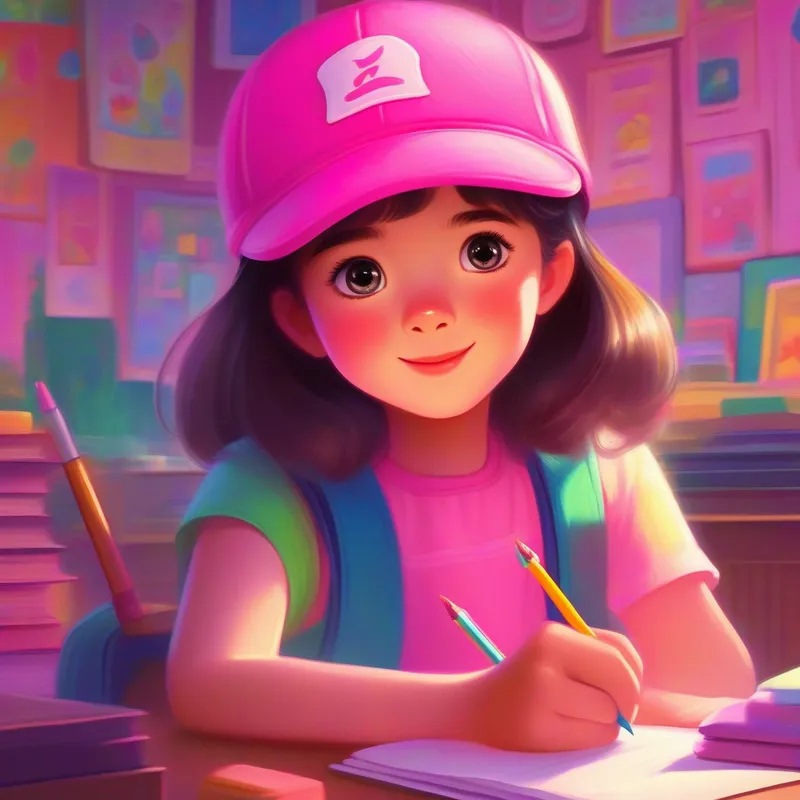 A young girl with sparkling eyes and a curious smile, always wearing a bright pink hat. sitting at a desk, surrounded by colorful illustrations, writing her own story.