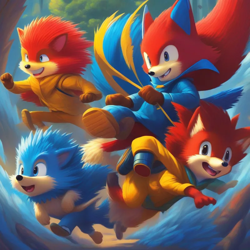 Blue hedgehog with super speed - teenage boy, Yellow fox with two tails - clever and can fly, and Red echidna with great strength - the last of his kind working together to defeat obstacles