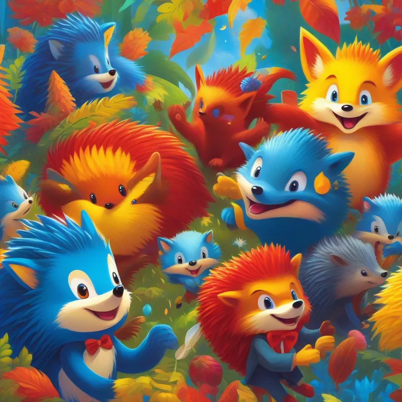 Blue hedgehog with super speed - teenage boy, Yellow fox with two tails - clever and can fly, and Red echidna with great strength - the last of his kind celebrating victory with their colorful friends