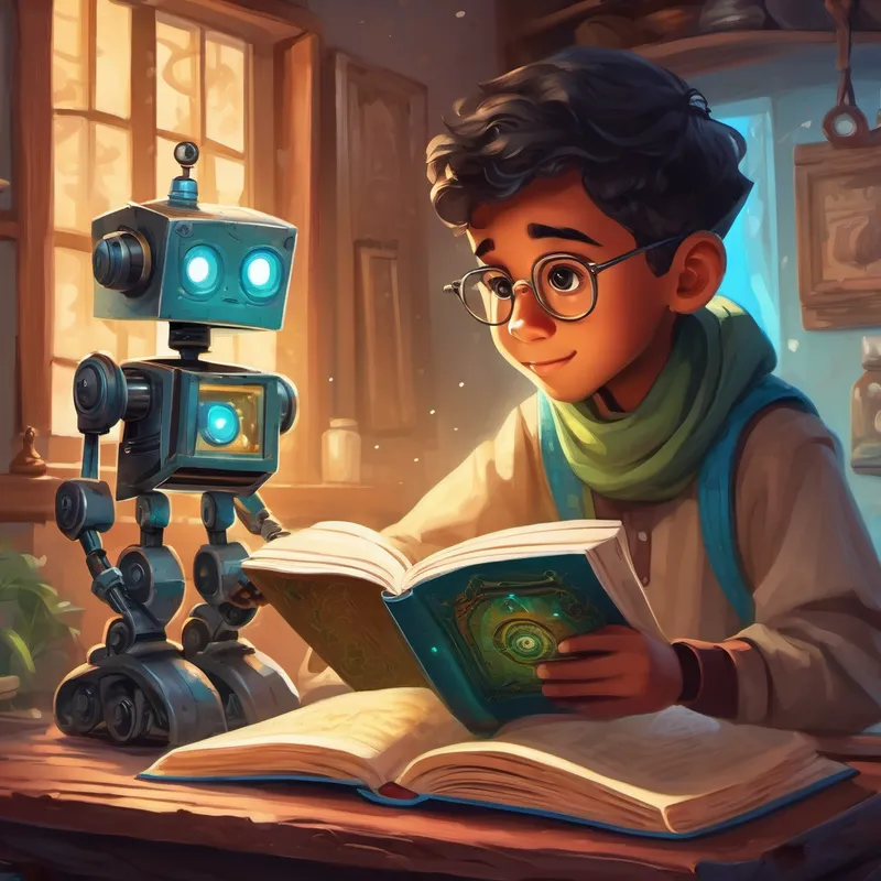 A curious and adventurous Muslim boy with an inquisitive mind. discovers a dusty old book with a robot recipe