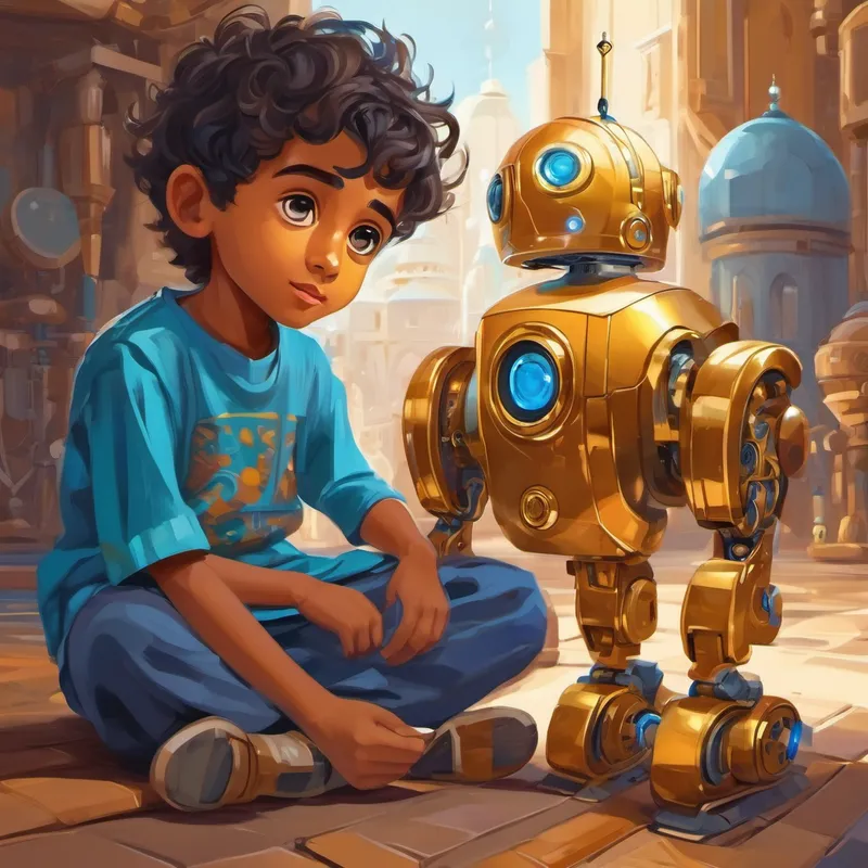 A curious and adventurous Muslim boy with an inquisitive mind. builds his first robot friend, A small robot with a golden body and blue eyes.