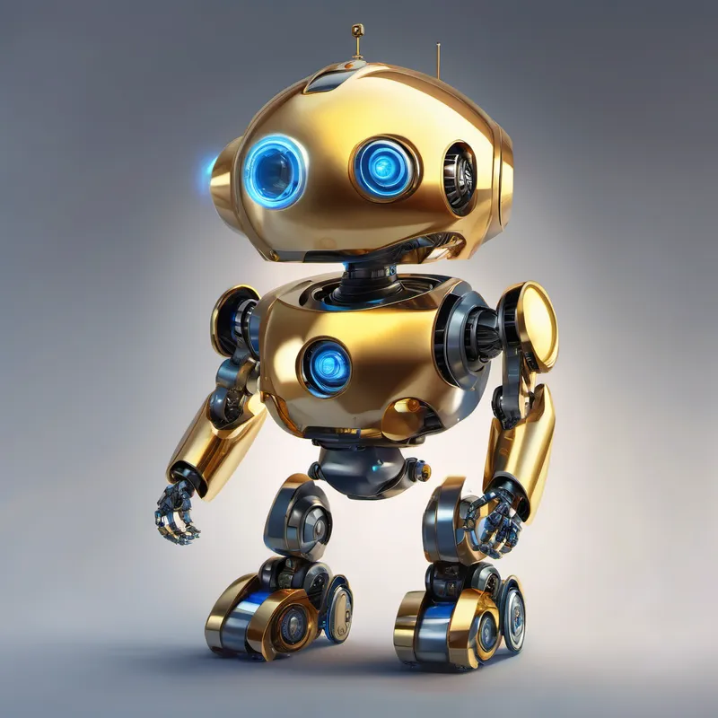 A small robot with a golden body and blue eyes., a small robot with golden body and blue eyes