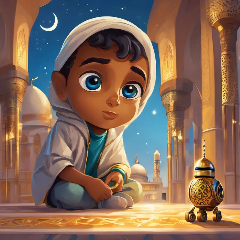 A curious and adventurous Muslim boy with an inquisitive mind. and A small robot with a golden body and blue eyes. learn about Islam at the mosque