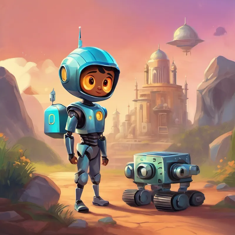 A curious and adventurous Muslim boy with an inquisitive mind. builds more robot friends, A strong and courageous robot ready for any challenge. and A creative robot with a cheerful personality.