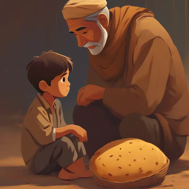 A poor father with a single roti and his beloved son. (Colors: dull, sad, brown)