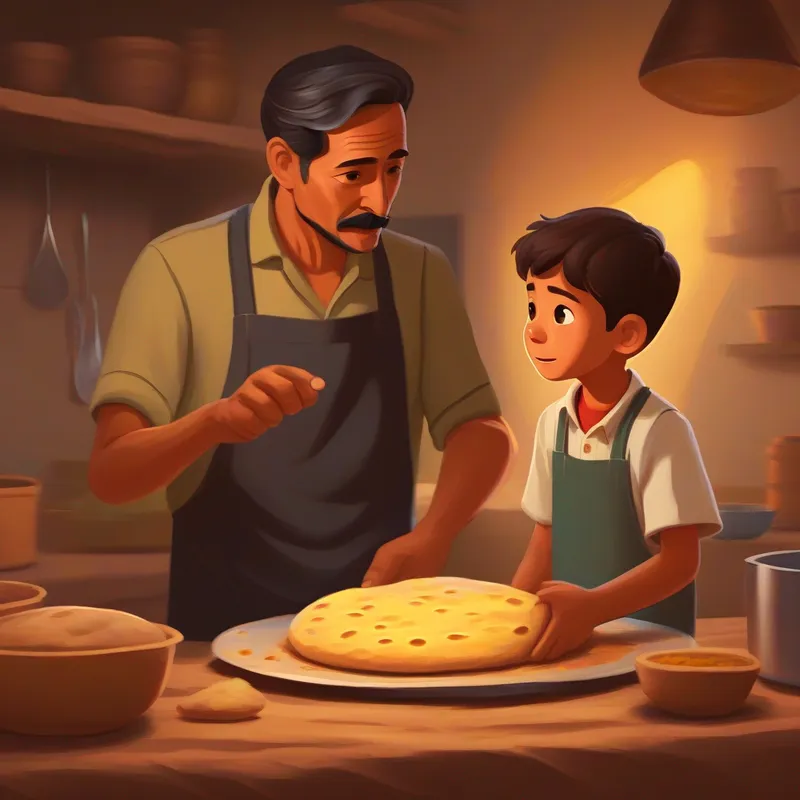 Father making the last roti and son questioning. (Colors: hopeful, questioning, brown)
