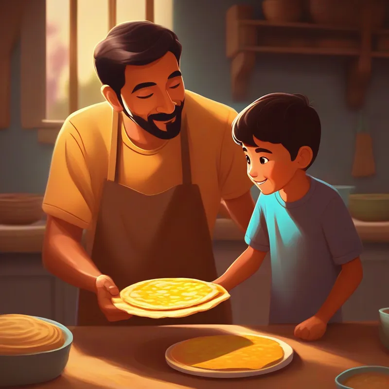 Father cutting the roti and giving a piece to his son. (Colors: excited, thoughtful, brown)