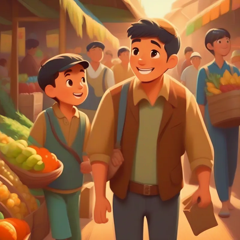 Son suggesting the idea and father going to the market. (Colors: joyful, hopeful, brown)