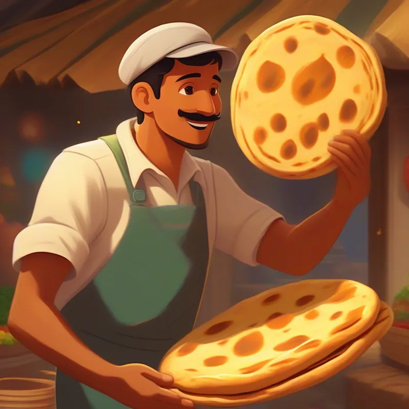 Father coming back with a big and delicious roti. (Colors: happy, satisfied, brown)