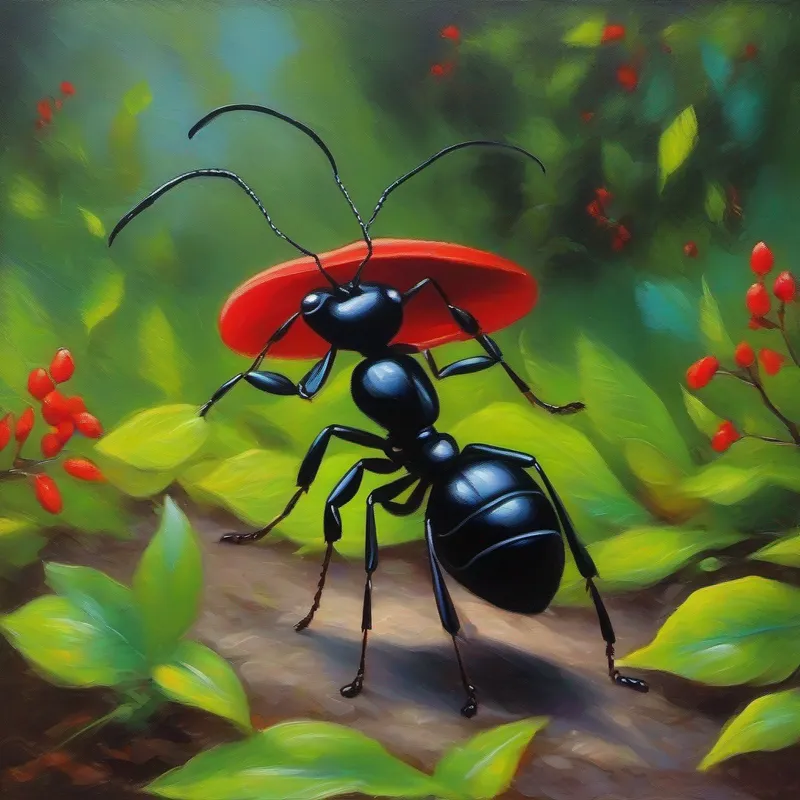 Small ant, black color, wearing red hat walking on a leafy path, bright colors