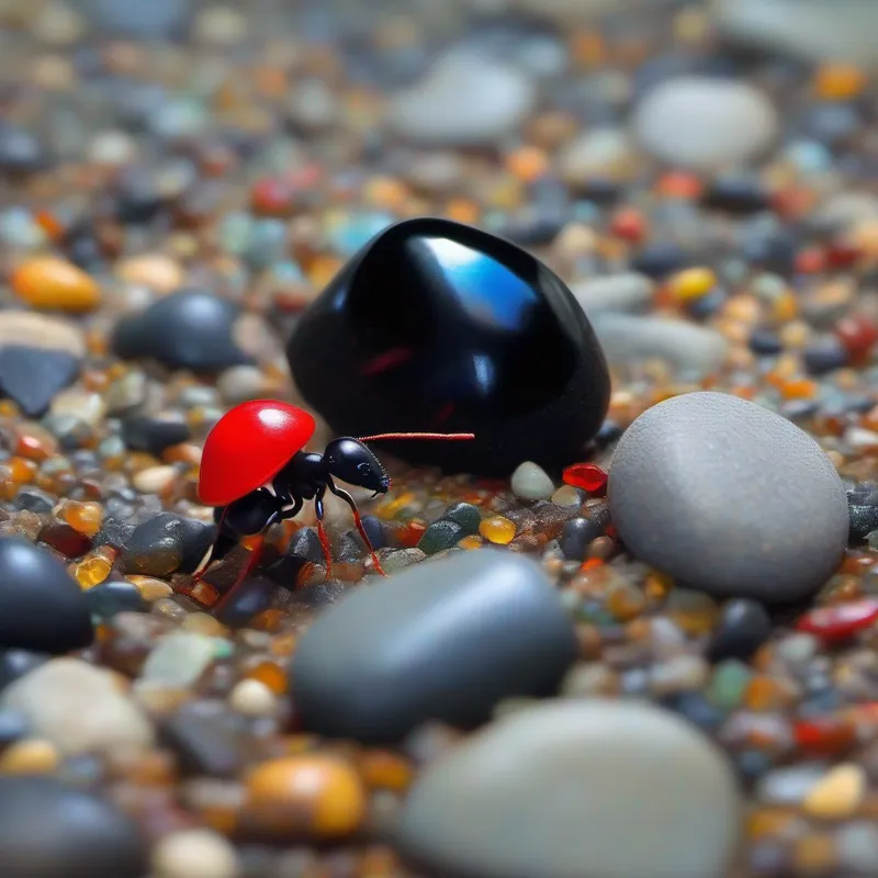 Small ant, black color, wearing red hat slipping on a pebble, vibrant colors