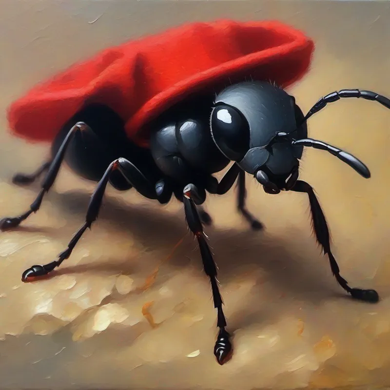 Small ant, black color, wearing red hat holding its leg, sad expression