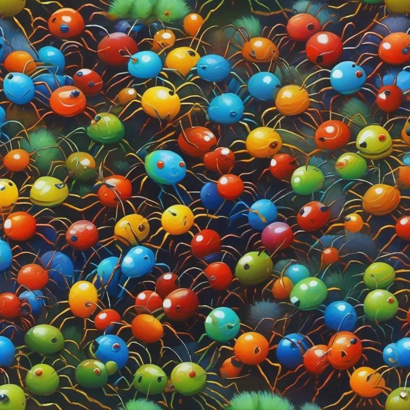Group of ants, various colors, smiling gathering, calling doctor ant, worried expressions