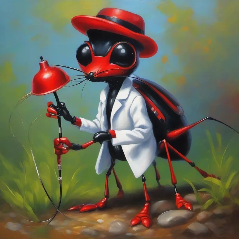 Tall ant, white coat, holding a stethoscope bandaging Small ant, black color, wearing red hat's leg, caring colors