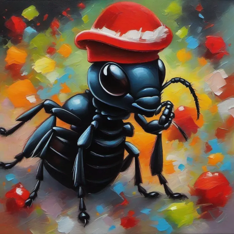 Small ant, black color, wearing red hat smiling, surrounded by friends, cheerful colors