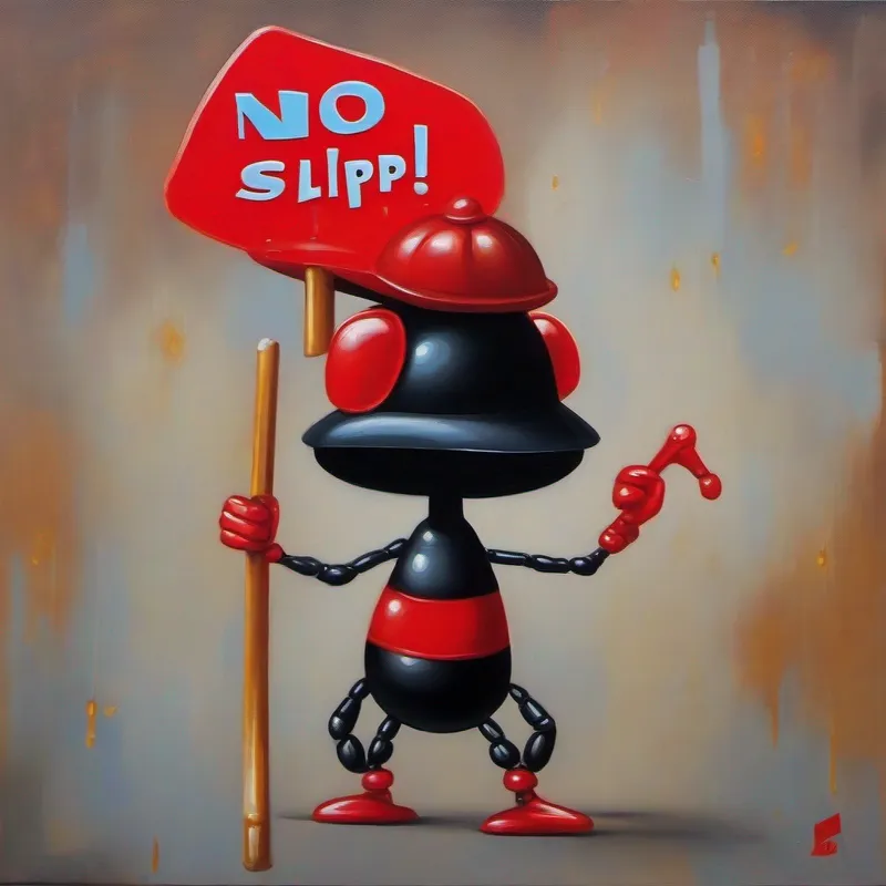 Small ant, black color, wearing red hat looking determined, holding a sign 'No slipping!', caution signs