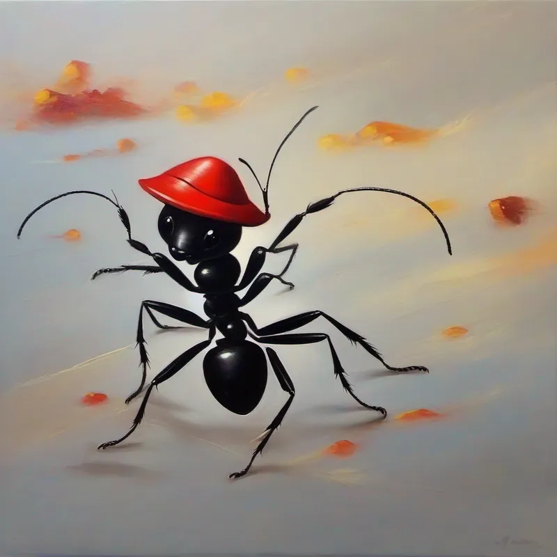 Small ant, black color, wearing red hat happily playing with friends, adventurous colors