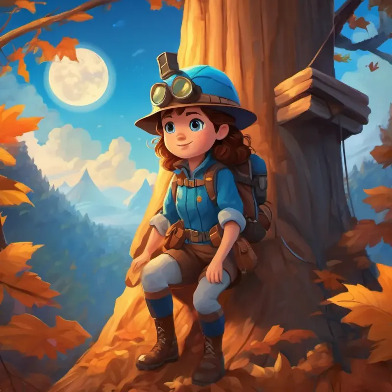 Brave and curious explorer, with brown hair and sparkling blue eyes, a daring young explorer, with her climbing gear, ready to conquer the world's tallest tree