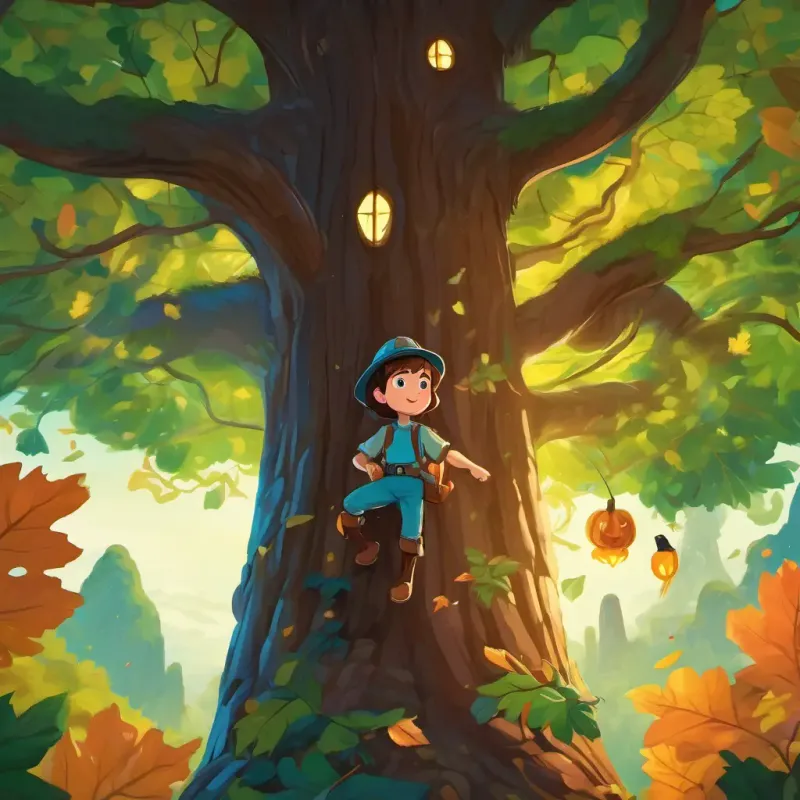 Brave and curious explorer, with brown hair and sparkling blue eyes climbing the enormous trunk of the world's tallest tree, surrounded by vibrant green leaves and reaching branches