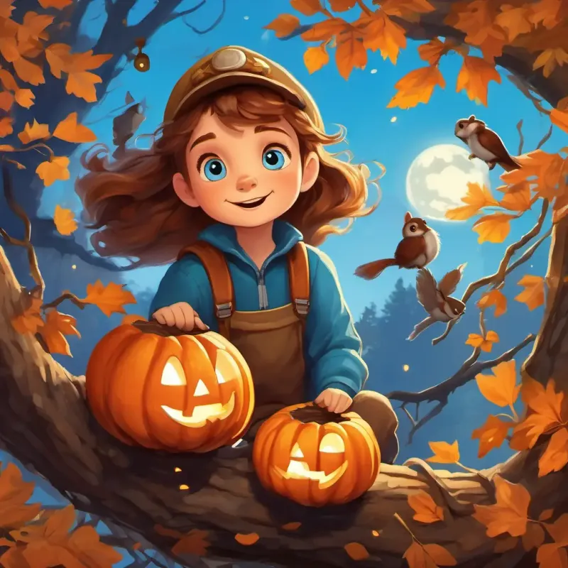 Brave and curious explorer, with brown hair and sparkling blue eyes climbing higher, finding bird nests and squirrels, feeling the freshness of the air and nearing the sky