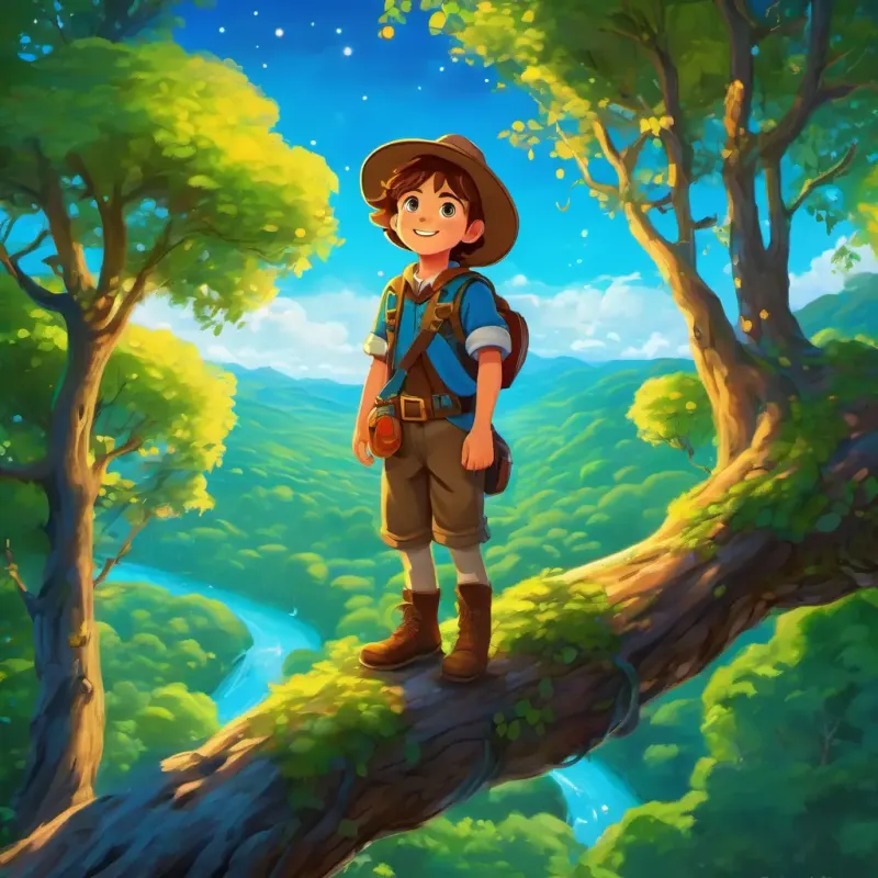 Brave and curious explorer, with brown hair and sparkling blue eyes standing triumphantly at the treetop, enjoying the breathtaking view of lush green forests and sparkling blue rivers