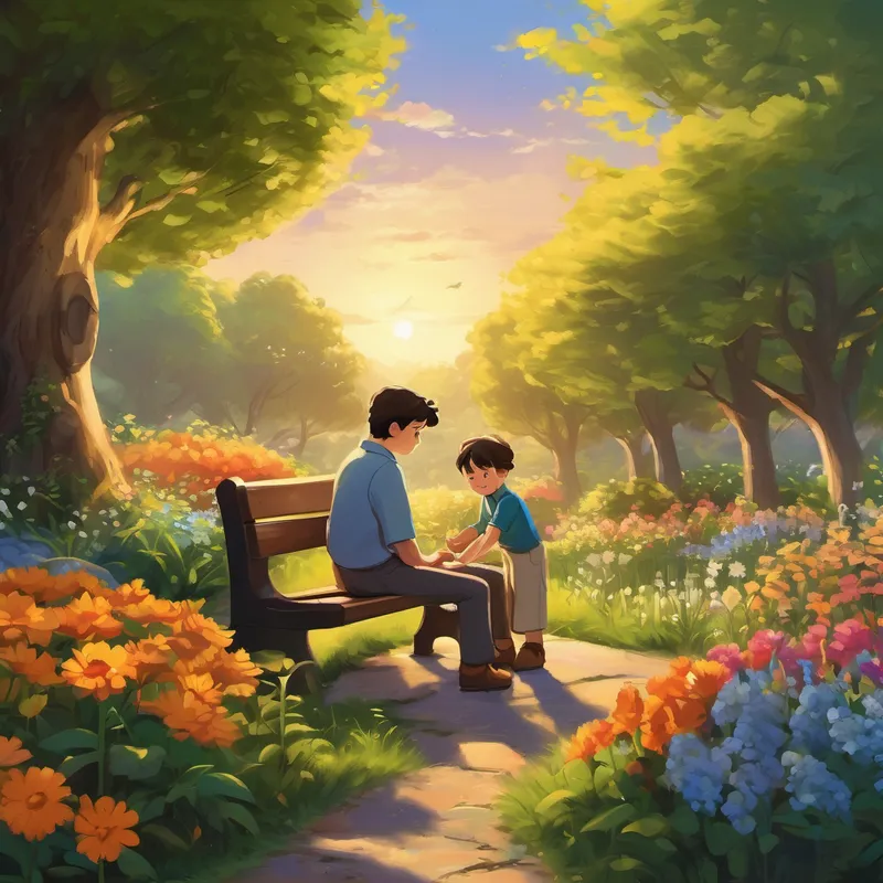 Continuing their journey, they saw a man helping a group of children plant flowers in a garden. "You see, Timmy," Mr. Johnson explained, "another quality of being a man is to be nurturing and caring. A true man knows the joy of helping others and making the world around him a more beautiful place." As the day grew late and the sun began to set, Timmy and his father sat on a park bench, gazing at the golden sky. Timmy felt grateful for his father's guidance and felt his heart filling with love.
