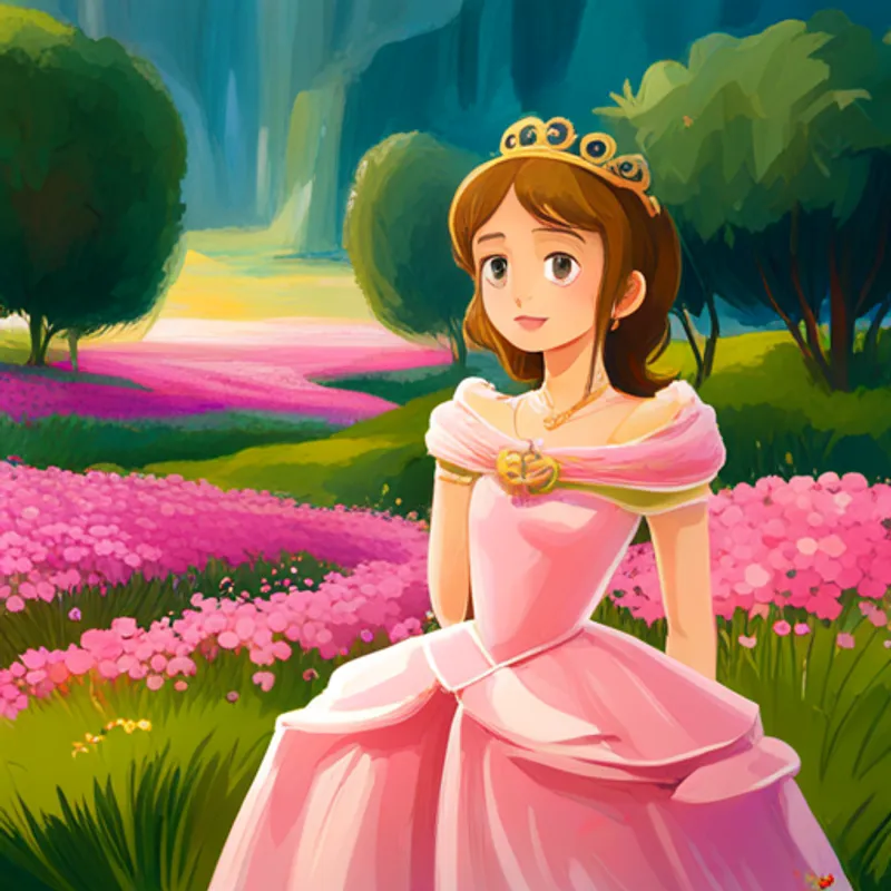 Princesa com vestido cor-de-rosa e coroa dourada cheirando uma rosa