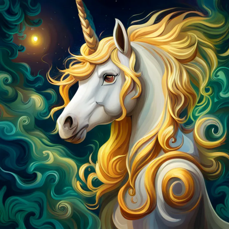 Unicórnio branco com crina colorida e chifre dourado, o unicórnio, rindo e pulando