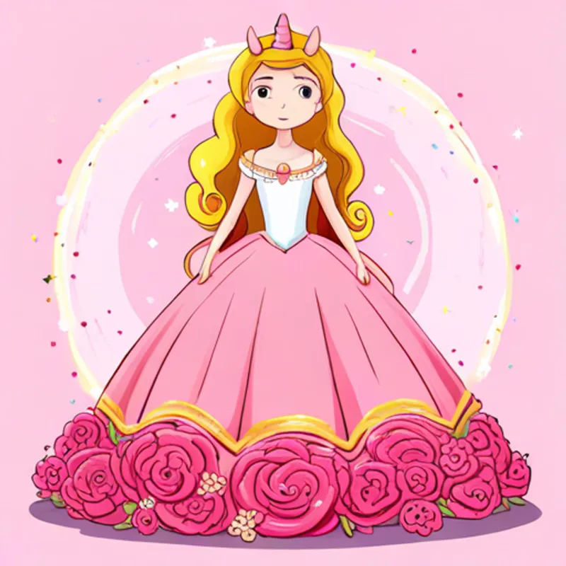 Princesa com vestido cor-de-rosa e coroa dourada e Unicórnio branco com crina colorida e chifre dourado, o unicórnio, abraçados