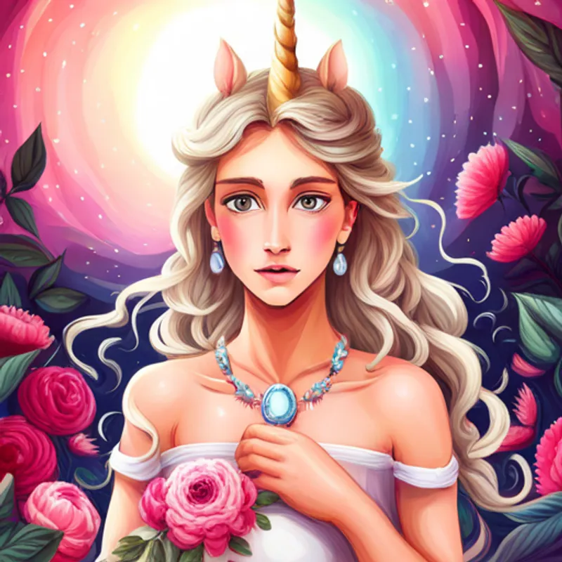 Princesa com vestido cor-de-rosa e coroa dourada e Unicórnio branco com crina colorida e chifre dourado, o unicórnio, voando pelo céu