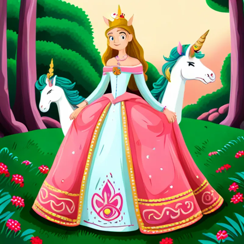 Princesa com vestido cor-de-rosa e coroa dourada e Unicórnio branco com crina colorida e chifre dourado enfrentando o dragão