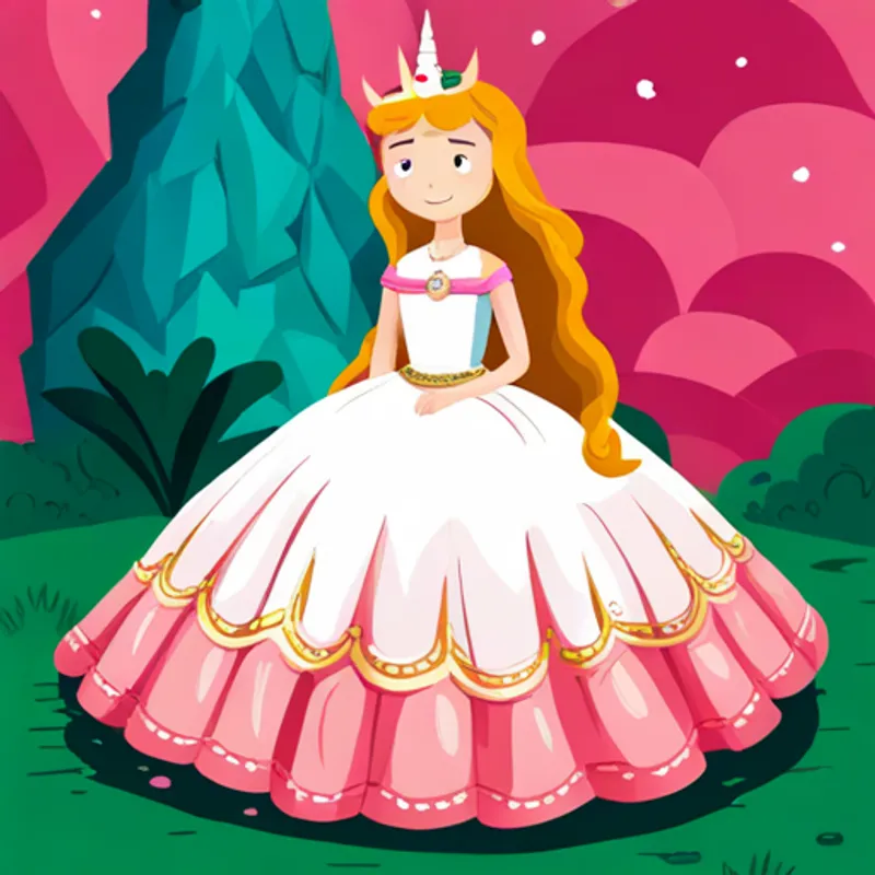 Princesa com vestido cor-de-rosa e coroa dourada e Unicórnio branco com crina colorida e chifre dourado comemorando a vitória