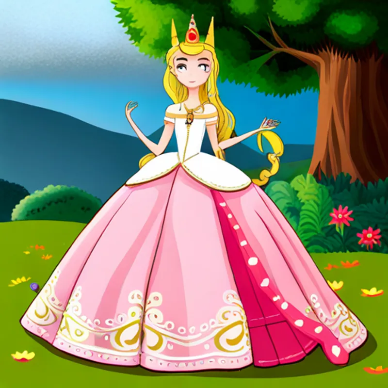 Princesa com vestido cor-de-rosa e coroa dourada e Unicórnio branco com crina colorida e chifre dourado sorrindo, reino em harmonia