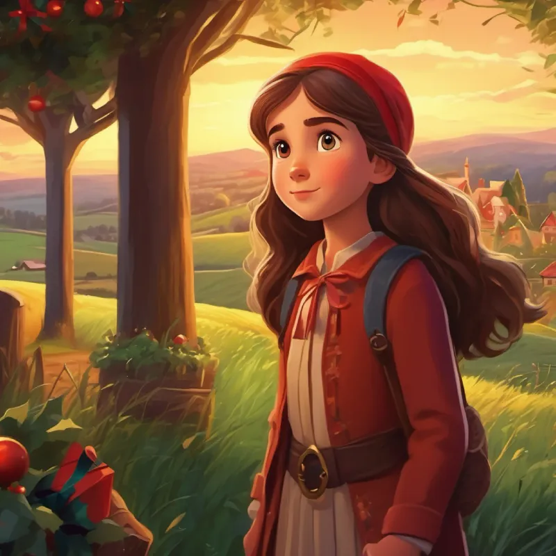 Narrator introduces Brave young girl with hopeful eyes and long brown hair  and the countryside, setting the scene