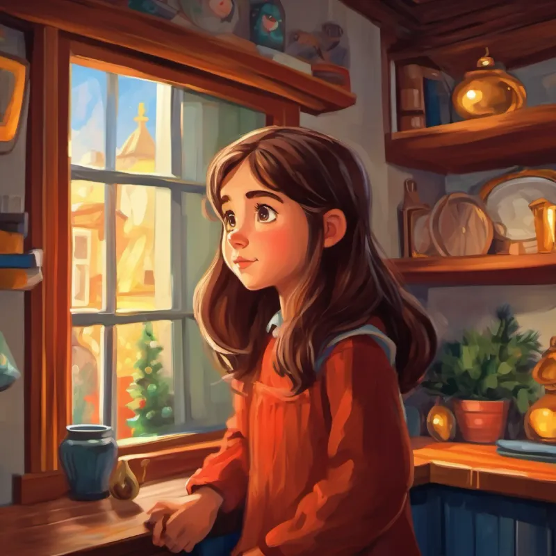 Brave young girl with hopeful eyes and long brown hair  in her humble home, starting her day