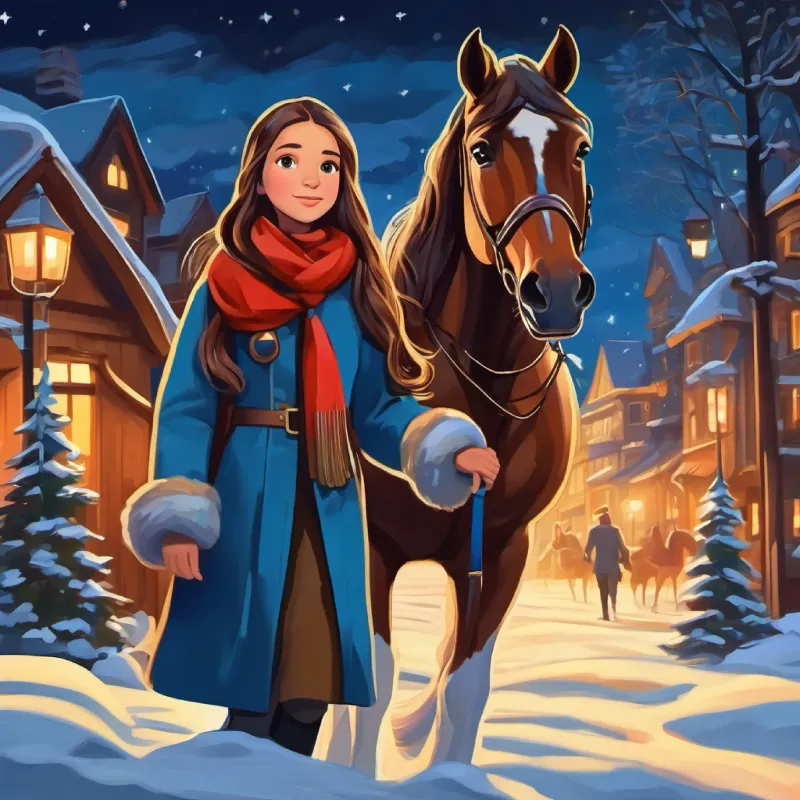 Brave young girl with hopeful eyes and long brown hair  and Majestic horse with intelligent gaze and gleaming coat beginning their adventure at night