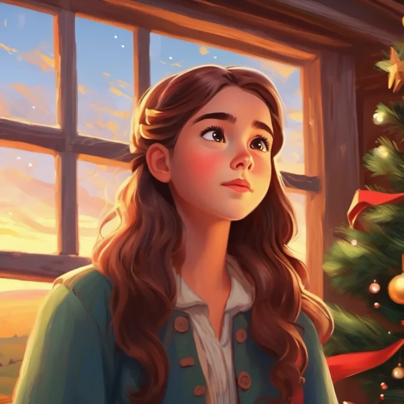 Countryside at dawn, Brave young girl with hopeful eyes and long brown hair  waking up