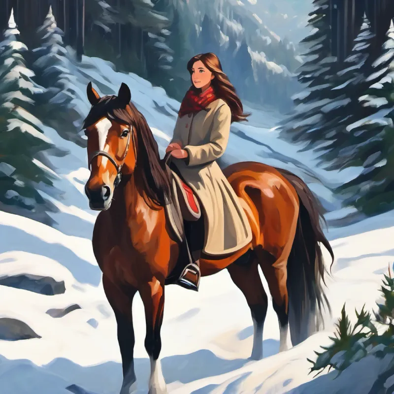 Brave young girl with hopeful eyes and long brown hair  encountering Majestic horse with intelligent gaze and gleaming coat in the hidden glen