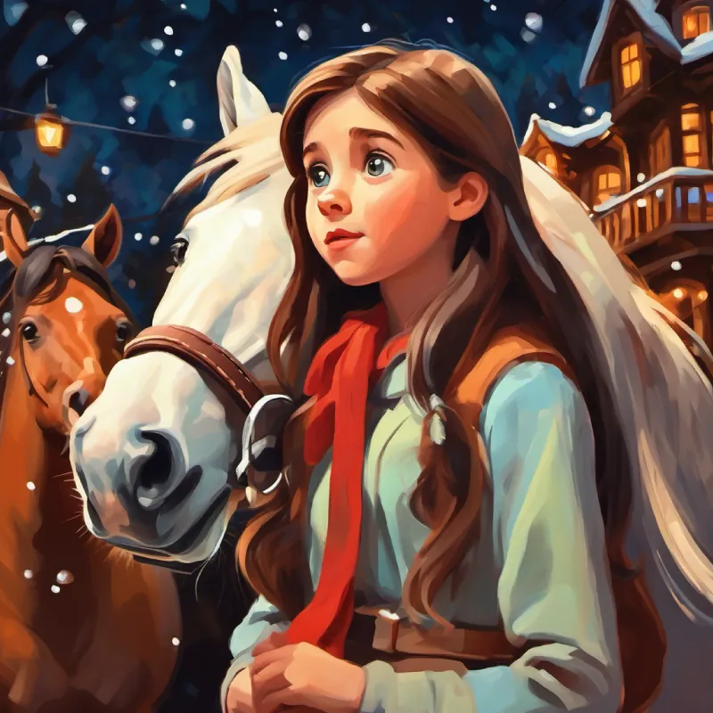Brave young girl with hopeful eyes and long brown hair  surprised by the talking horse