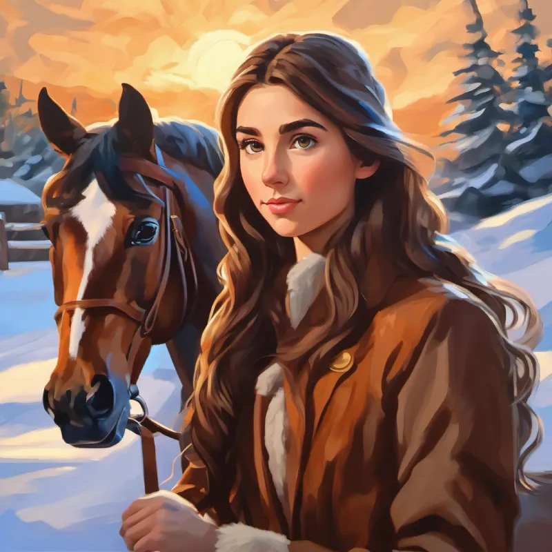 Majestic horse with intelligent gaze and gleaming coat convincing Brave young girl with hopeful eyes and long brown hair  to embark on a quest