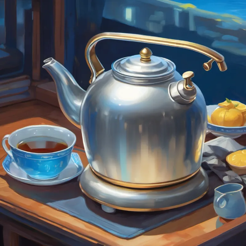 Highlighting Shiny silver tea kettle with bright blue eyes's joy and the continuation of her storytelling with a new event