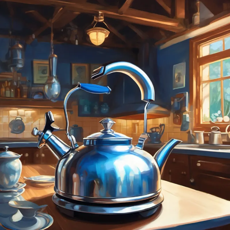 Concluding the story with the lasting positive effect of Shiny silver tea kettle with bright blue eyes's storytelling on the kitchen