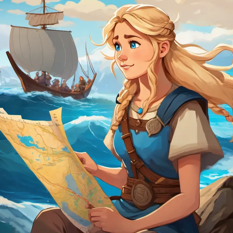 Blonde hair, blue eyes, brave and determined Viking girl sitting by the sea with her Strong and rugged Vikings with different hair and eye colors, looking excitedly at a map of uncharted lands.