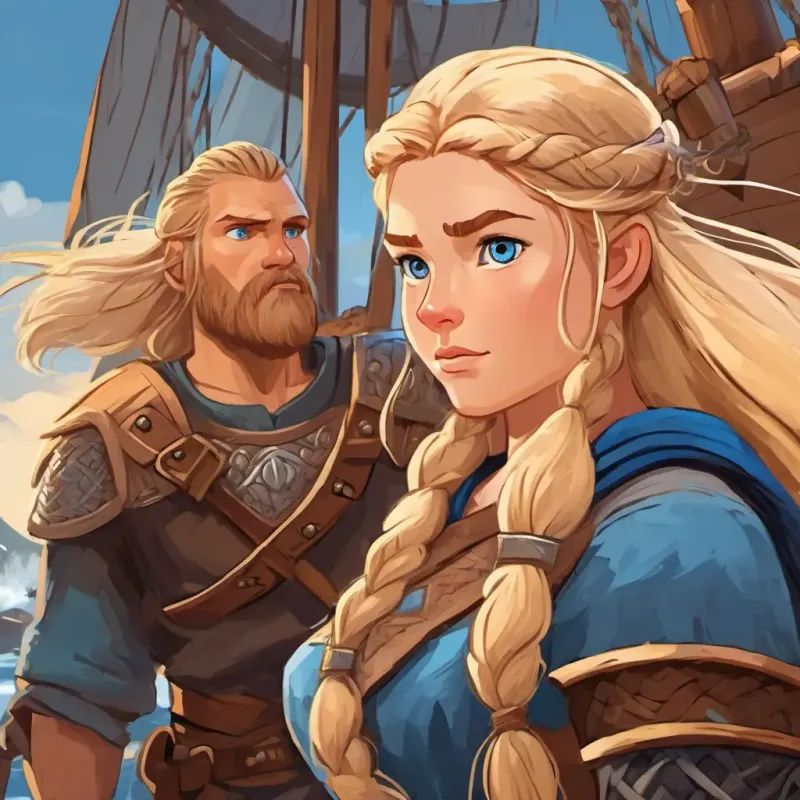 Blonde hair, blue eyes, brave and determined Viking girl talking to her father, showing determination on her face while her Strong and rugged Vikings with different hair and eye colors prepares the ship next to them.