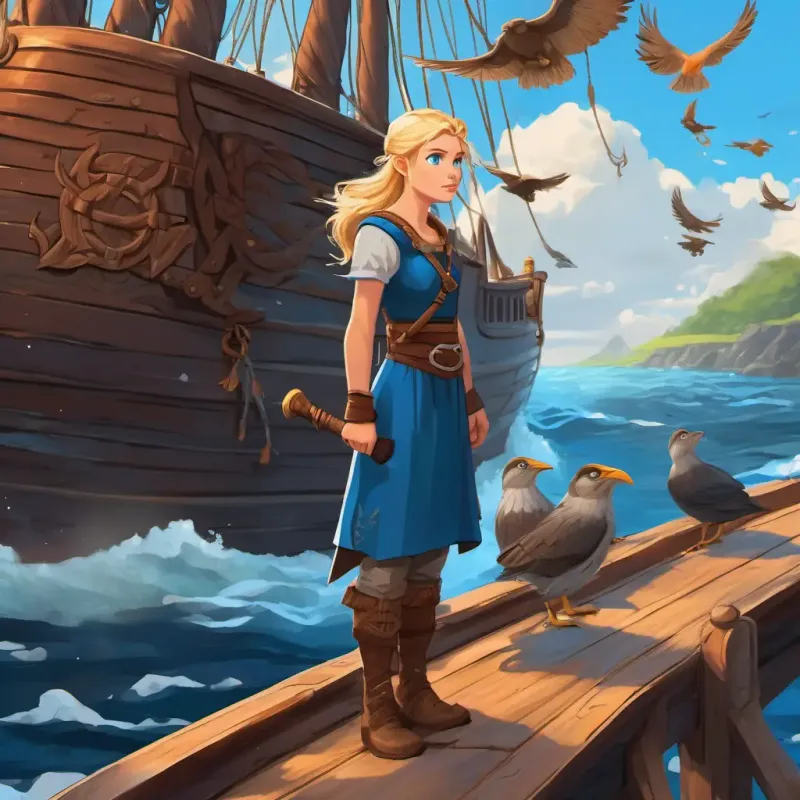 Blonde hair, blue eyes, brave and determined Viking girl standing on the ship's deck, surrounded by her curious Strong and rugged Vikings with different hair and eye colors, looking at birds and fish flying and swimming around.