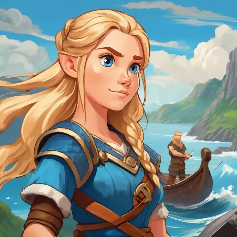 Blonde hair, blue eyes, brave and determined Viking girl pointing at the distant island, her Strong and rugged Vikings with different hair and eye colors eagerly listening and getting ready to explore.