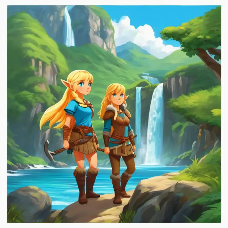 Blonde hair, blue eyes, brave and determined Viking girl exploring the island with her Strong and rugged Vikings with different hair and eye colors, marveling at the waterfalls and parrots, and tasting delicious fruits.